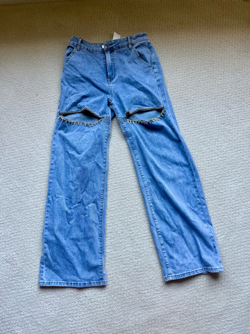 Light Blue Flare Jeans with Distressed Knee Crystal Cutouts